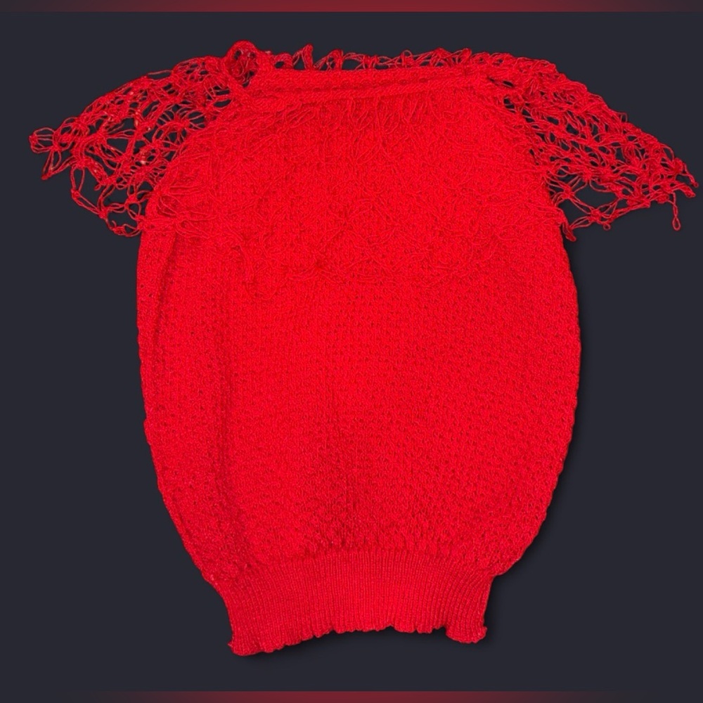 Vintage 1990s Handmade Red Crochet Off the Shoulder Top with Fringe Coachella